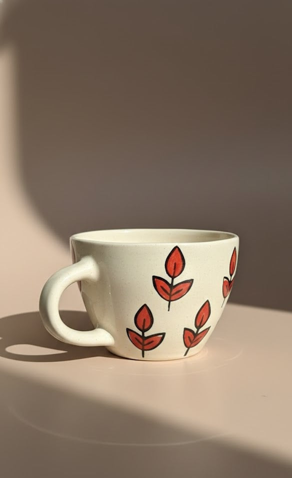 White Ceramic Coffee Mug With Red Leaf Print- Minimalist Tea Cup For Home, Office & Gifting