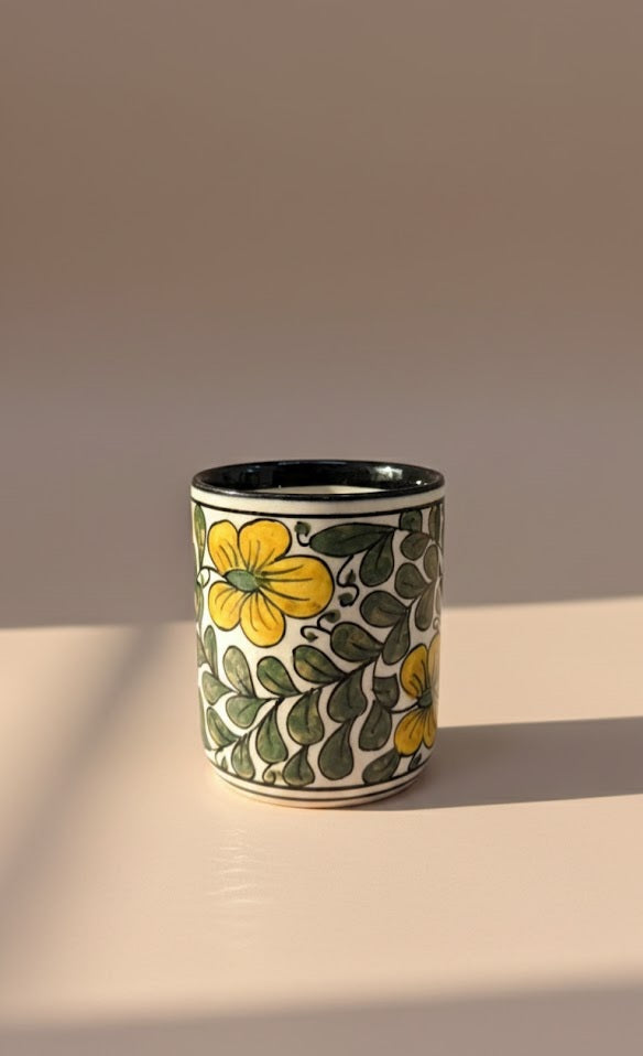 Hand-Painted Yellow Floral Glass Tumbler | Artistic Designer Drinkware For Water & Beverages