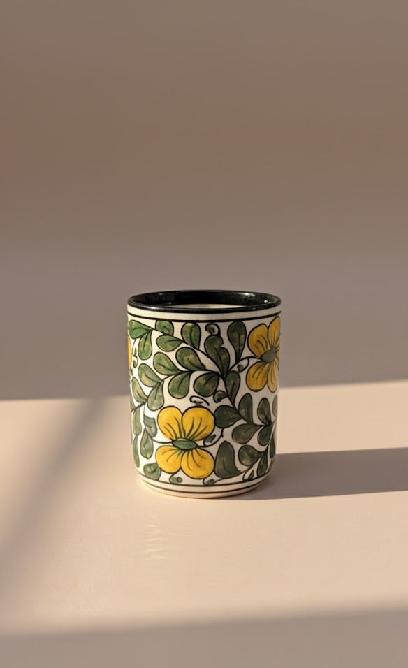 Hand-Painted Yellow Floral Glass Tumbler | Artistic Designer Drinkware For Water & Beverages