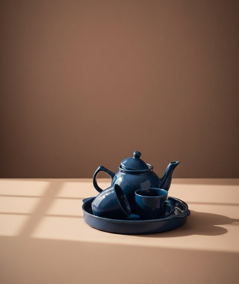 Elegant Navy Blue Ceramic Tea Set With Tray(4- Pieces). One Luxury Teapot, Two Cups & One Matching Tray