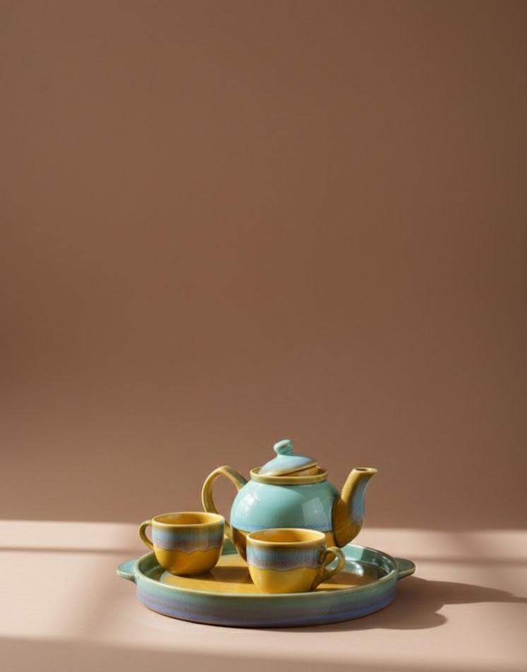 Royal Emerald & Mustard Glazed Ceramic Tea Set (4-Pieces). Handcrafted Artisan Collection