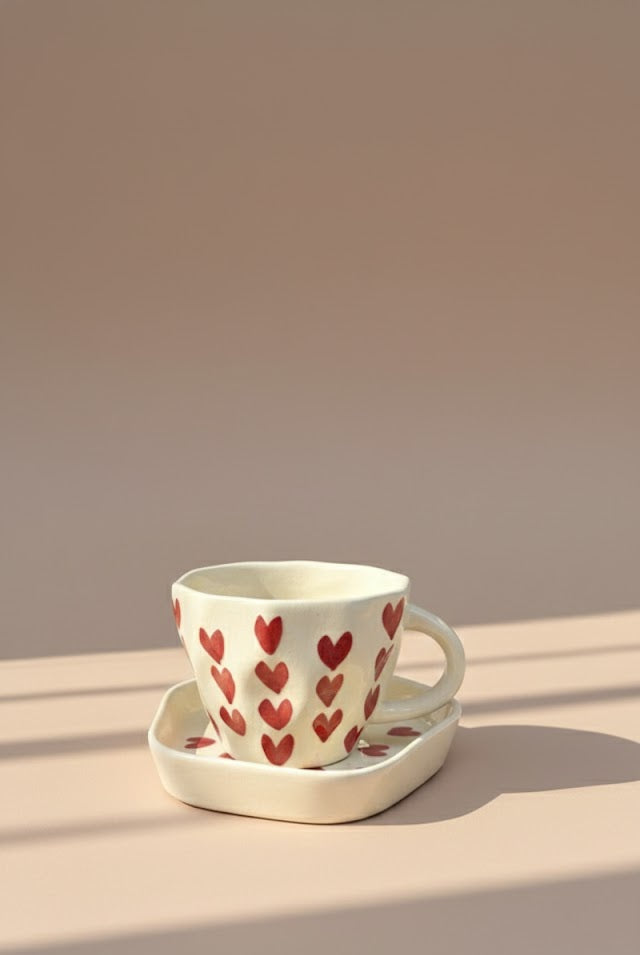 Handcrafted Ceramic Heart Cup & Saucer Set | Aesthetic Tea & Coffee Cup
