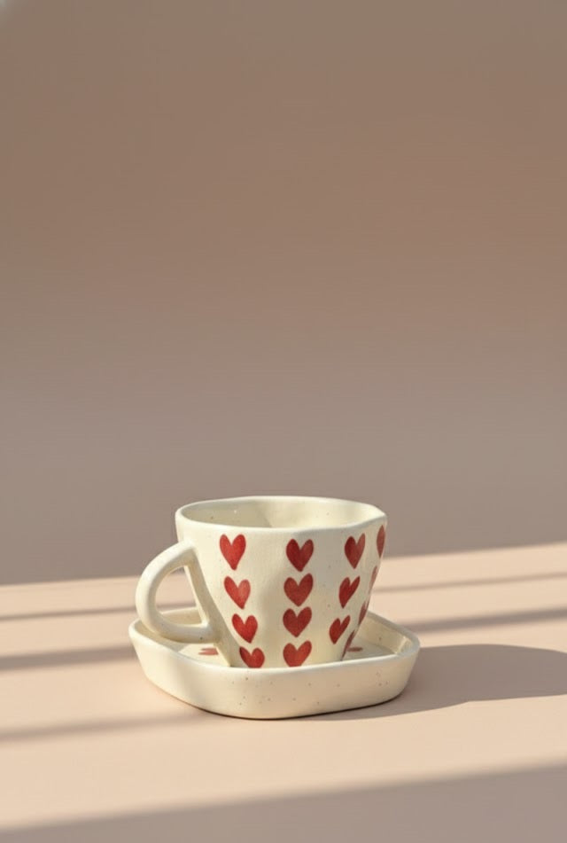 Handcrafted Ceramic Heart Cup & Saucer Set | Aesthetic Tea & Coffee Cup