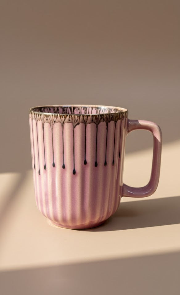 Handmade Ribbed Ceramic Mug With Drip Glaze- Premium Coffee & Tea Cup For Daily Use