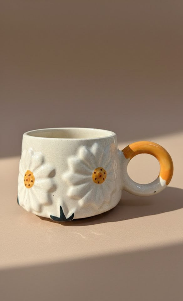 Handmade Floral Ceramic Mug | Daisy Flower Coffee & Tea Cup | Aesthetic Stoneware Mug For Gifting
