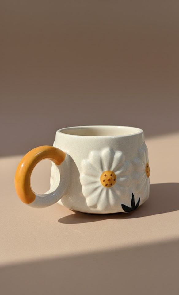 Handmade Floral Ceramic Mug | Daisy Flower Coffee & Tea Cup | Aesthetic Stoneware Mug For Gifting