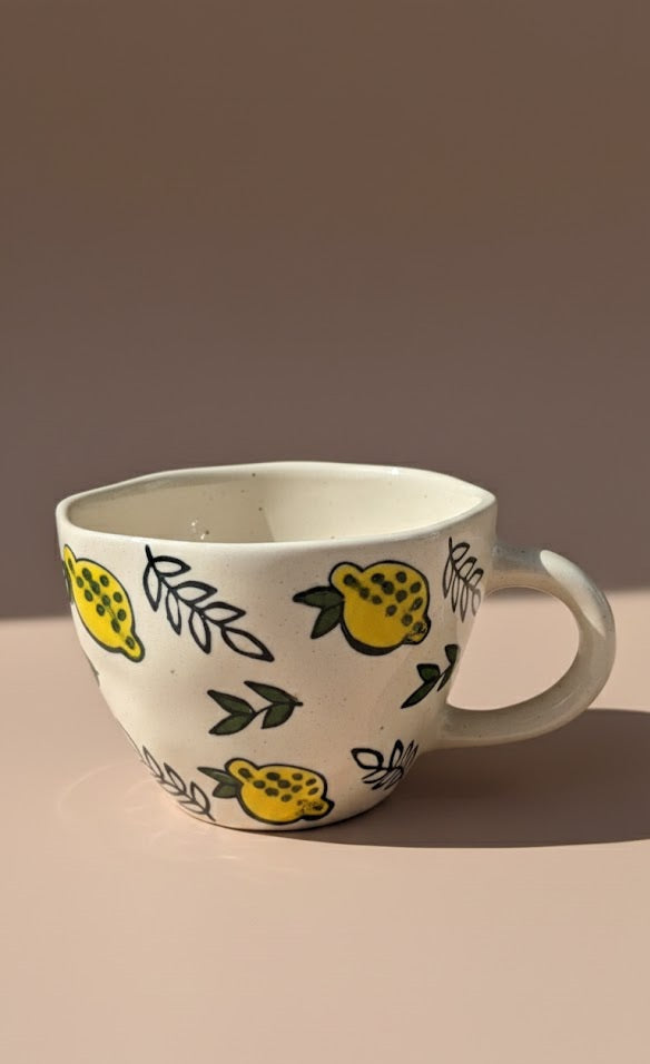 Handmade Lemon Printed Ceramic Mug | Hand - Painted Coffee & Tea Cup | Aesthetic Stoneware Mug