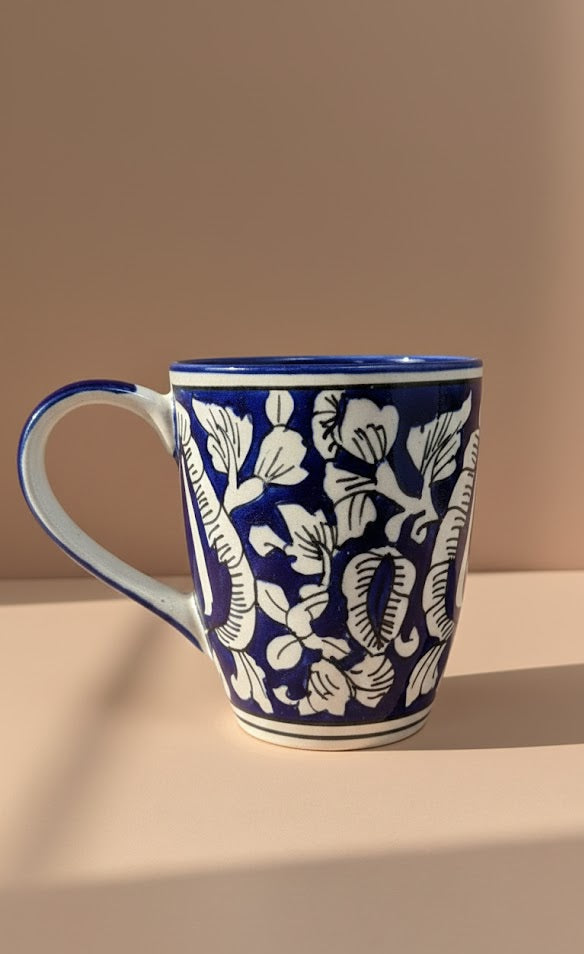 Hand- Painted Blue Floral Ceramic Mug | Traditional Art Coffee & Tea Mug | Handmade Stoneware Mug