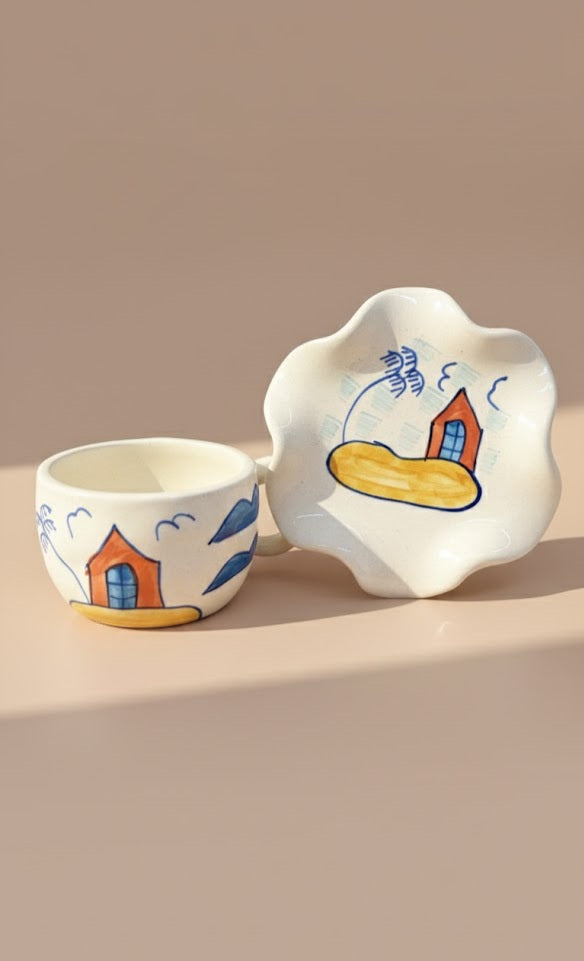 Hand-Painted Ceramic Tea Cup& Saucer Set | Artistic House Design Tea Saucer Set | Handmade Stoneware Tea Cup