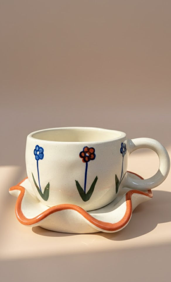 Handmade Floral Ceramic Tea Cup & Saucer Set | Hand-Painted Stoneware Tea Set | Aesthetic Tea Cups