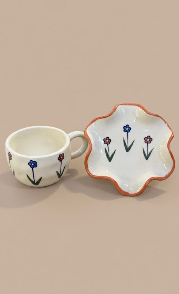 Handmade Floral Ceramic Tea Cup & Saucer Set | Hand-Painted Stoneware Tea Set | Aesthetic Tea Cups