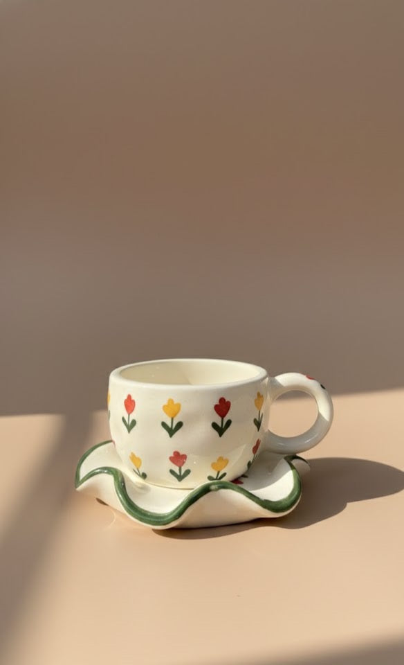 Hand-Painted Floral Ceramic Tea Cup & Saucer Set | Tulip Design Stoneware Tea Cup & Saucer Set