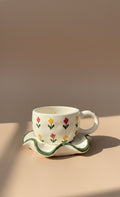 Hand-Painted Floral Ceramic Tea Cup & Saucer Set | Tulip Design Stoneware Tea Cup & Saucer Set