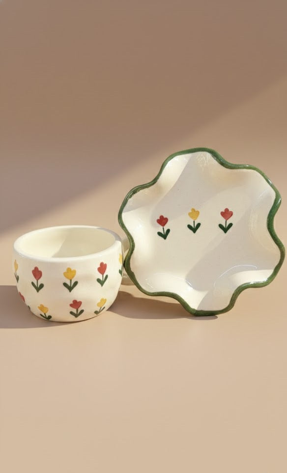 Hand-Painted Floral Ceramic Tea Cup & Saucer Set | Tulip Design Stoneware Tea Cup & Saucer Set