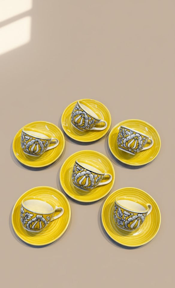 Handcrafted Yellow Floral Ceramic Tea Cup & Saucer Set Of 6 | Handmade Stoneware Tea Set | Designer Tea Cups