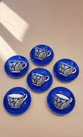 Handcrafted Blue Floral Ceramic Tea Cup & Saucer Set Of 6 | Handmade Stoneware Tea Set | Designer Tea Cups