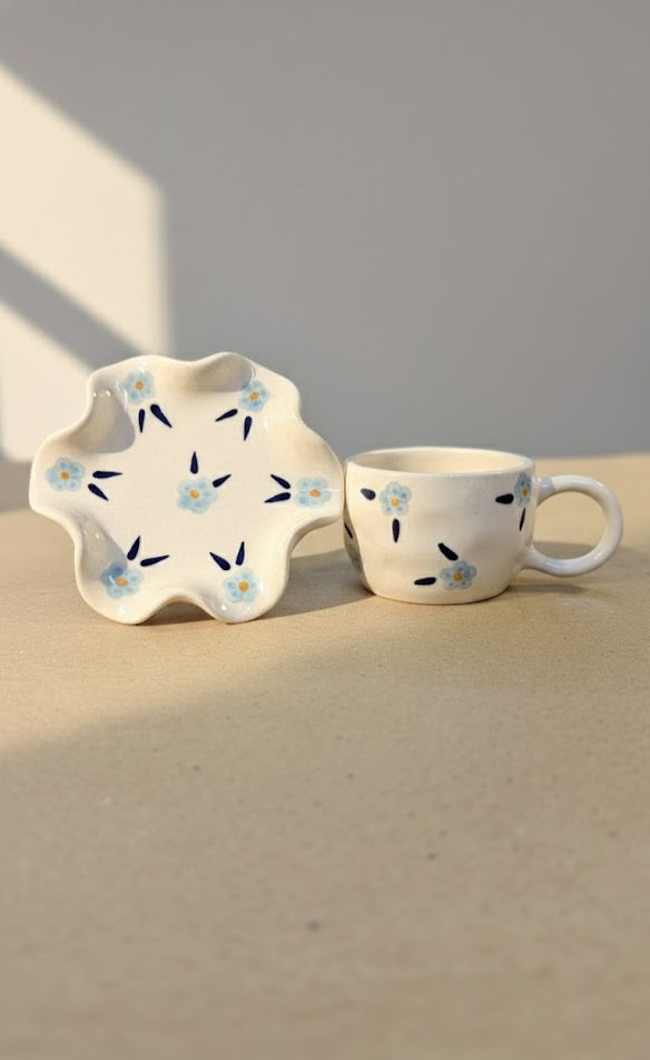Handcrafted Blue Floral Ceramic Tea Cup & Saucer Set | Scalloped Stoneware TeaCup | Handmade Tea Set