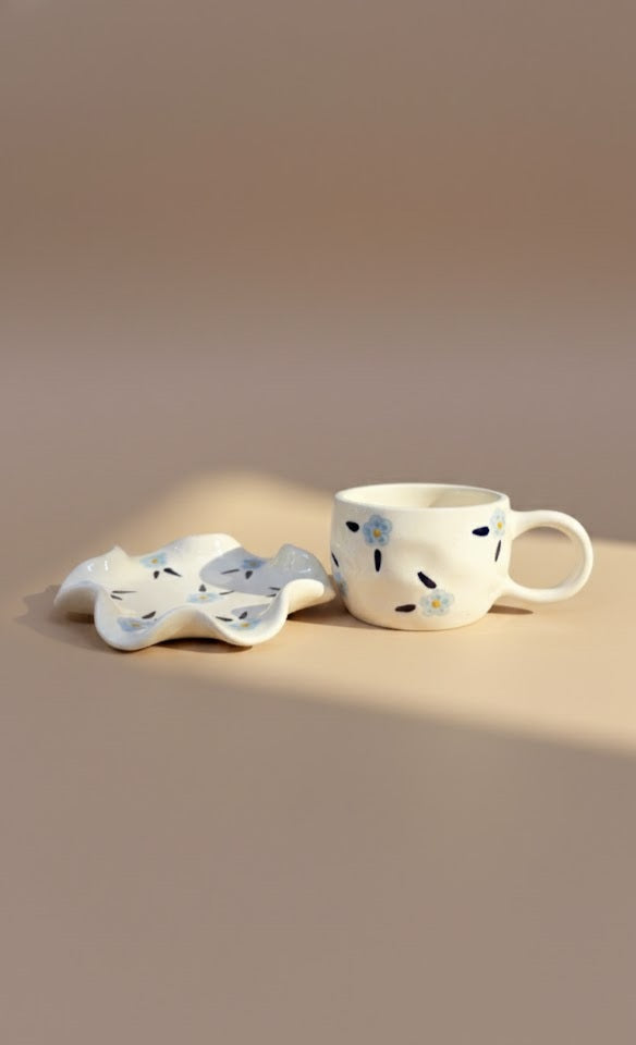 Handcrafted Blue Floral Ceramic Tea Cup & Saucer Set | Scalloped Stoneware TeaCup | Handmade Tea Set