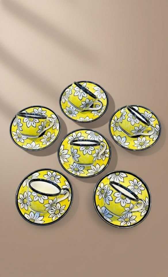 Handcrafted Yellow Floral Ceramic Tea Cup & Saucer Set Of 6 | Daisy Print Tea Cups | Premium Stoneware Tea Cup Set