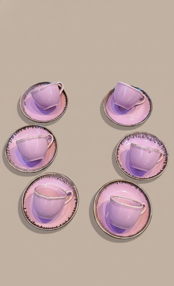 Handcrafted Pink Ceramic Tea Cup & Saucer Set Of 6 | Glossy Pastel Tea Cups | Premium Stoneware Tea Set