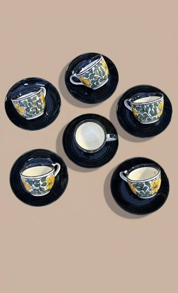 Handcrafted Ceramic Tea Cup & Saucer Set Of 6 | Black Saucer With Floral Design Tea Cups | Premium Stoneware Tea Set