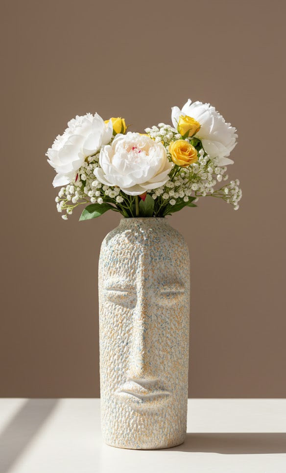 Textured Abstract Face Ceramic Flower Vase | Modern Sculptural Home Decor Vase