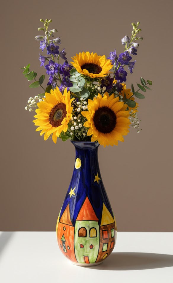 Hand-Painted Sunflower Ceramic Vase | Artistic Night Village Design Decorative Flower Vase