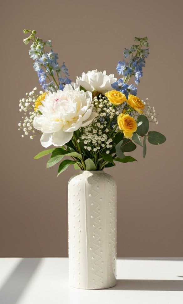 White Textured Ceramic Flower Vase | Minimalist Handcrafted Decorative Vase For Home Decor