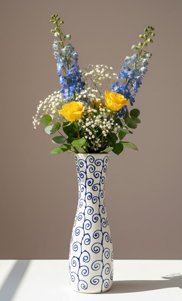 Hand- Painted Blue & White Ceramic Vase | Tall Floral Spiral Design Decorative Flower Vase