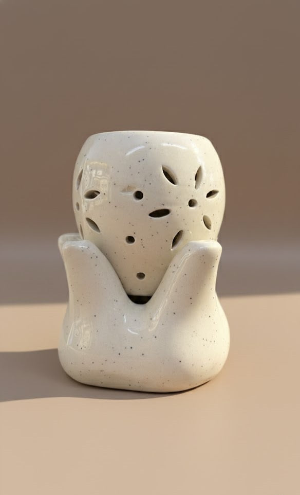 Handcrafted Ceramic Electric Oil Diffuser | White Aroma Burner With Soft Cutwork Glow
