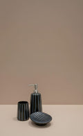 3-Piece Ceramic Bathroom Accessory Set| Soap Dispenser, Tumbler & Soap Dish- Modern Black Stripe Design