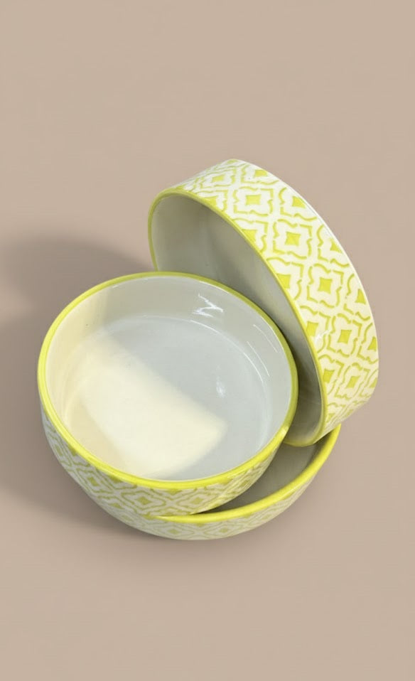 Set Of 3 Handcrafted Ceramic Salad Bowls | Yellow & White Patterned Serving Bowls