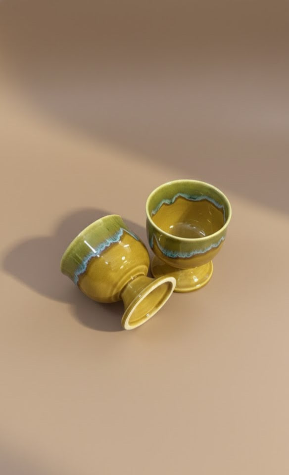 Handcrafted Ceramic Dessert Bowls | Green & Mustard Glazed Footed Cups