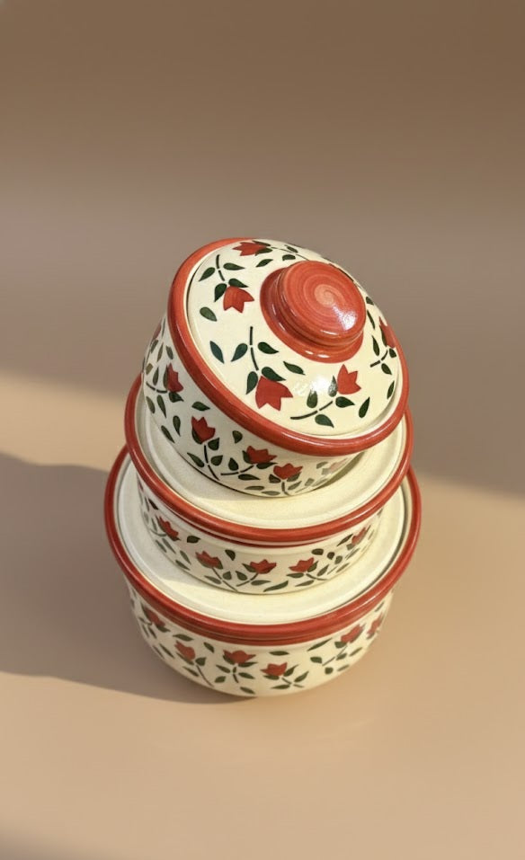 Set Of 3 Handcrafted Ceramic Donga With Lid | Floral  Pattern Storage & Serving Bowls