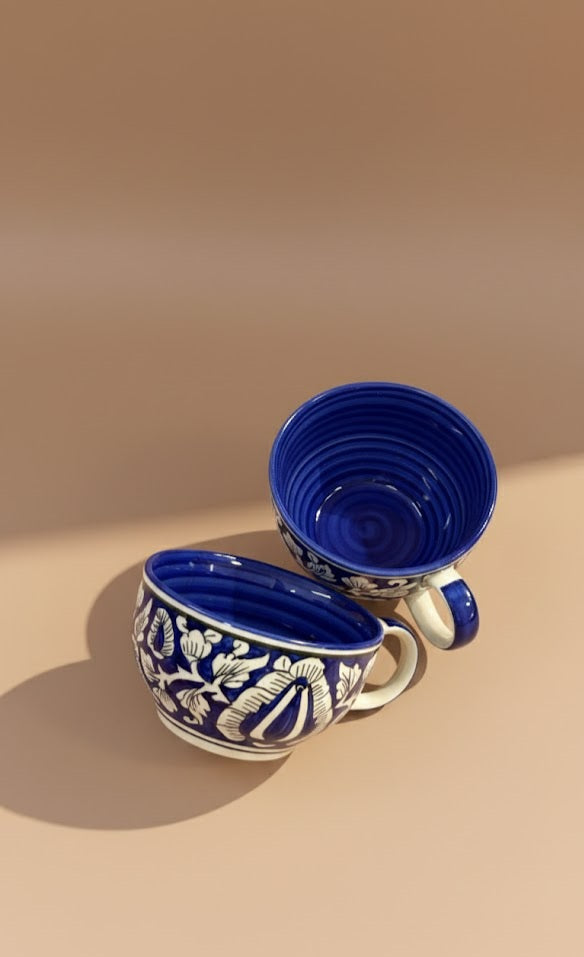 Handcrafted Blue Ceramic Soup Bowl With Handle | Floral Pottery Ramen & Serving Bowl