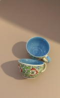Handcrafted Ceramic Soup Bowl With Handle | Floral Pattern Blue Glazed Serving Bowl