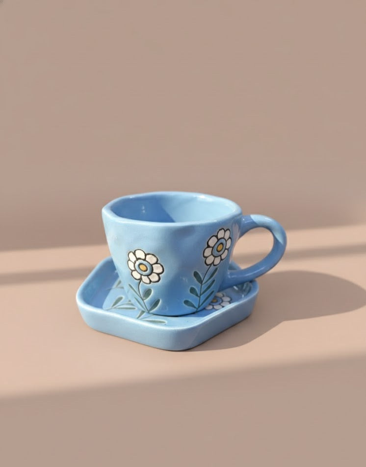 Handcrafted Blue Ceramic Cup & Saucer Set With Floral Motif | Artisan Coffee & Tea Cup