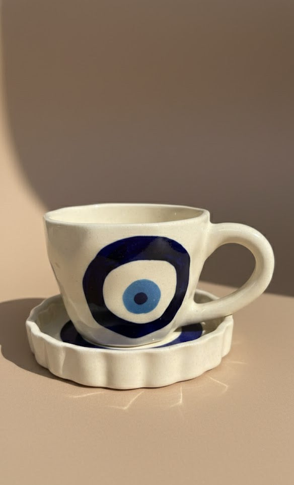 Handcrafted Ceramic Cup & Saucer Set With Evil Eye Design | Artisan Coffee & Tea Cup