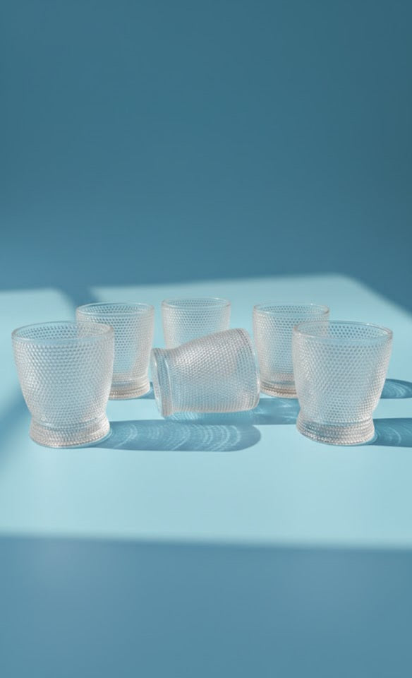Textured Clear Glass Tumblers Set Of 6 (280 ML) | Premium Embossed Drinking Glasses For Water,Juice & Cocktails