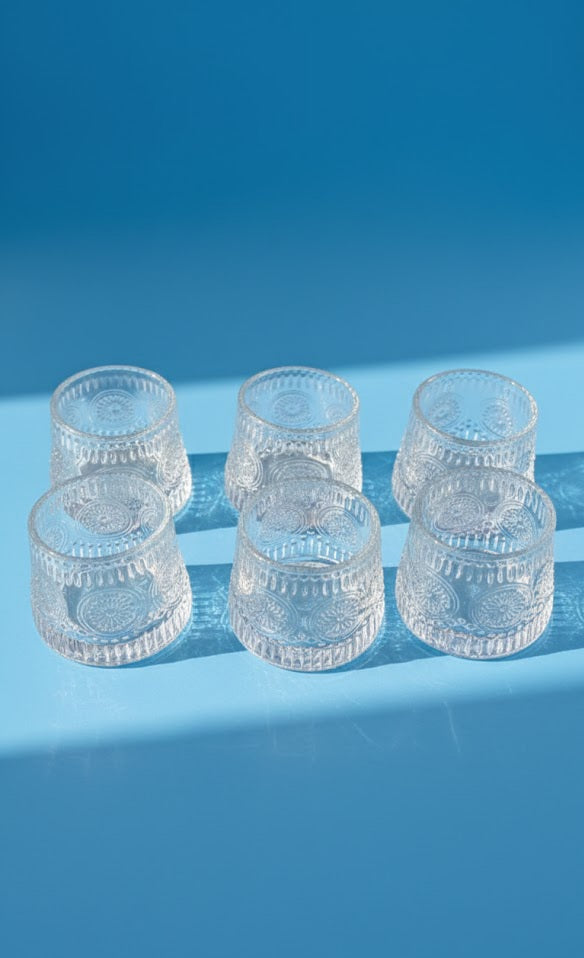 Embossed Clear Glass Tumbler Set Of 6| Vintage Textured Drinking Glasses For Water, Juice & Cocktails