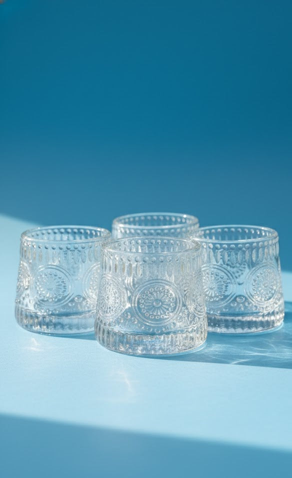Embossed Clear Glass Tumbler Set Of 6| Vintage Textured Drinking Glasses For Water, Juice & Cocktails