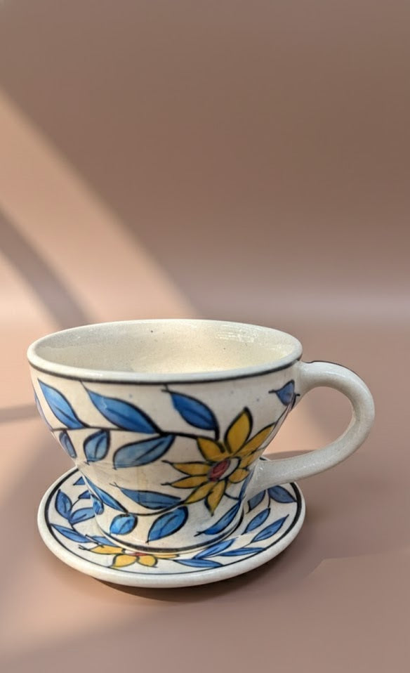 Hand- Painted Floral Ceramic Cup & Saucer Set | Blue & Yellow Artisan Tea And Coffee Cup