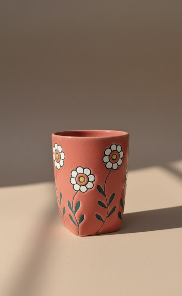 Hand-Painted Floral Ceramic Glass Tumbler | Elegant Drinkware For Water, Juice & Beverages