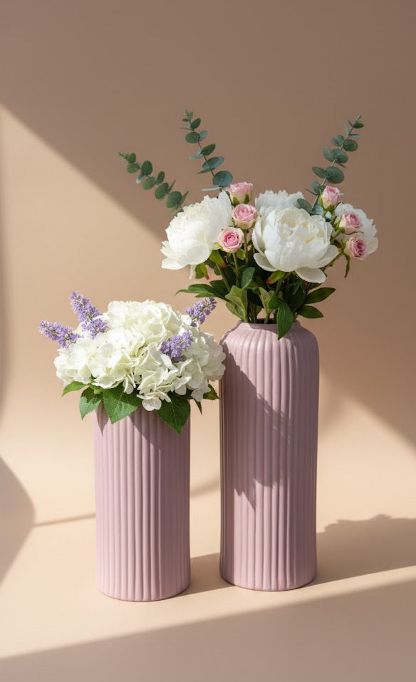 White Ribbed Ceramic Flower Vase Set Of 2 | Modern Decorative Vases For Home Décor