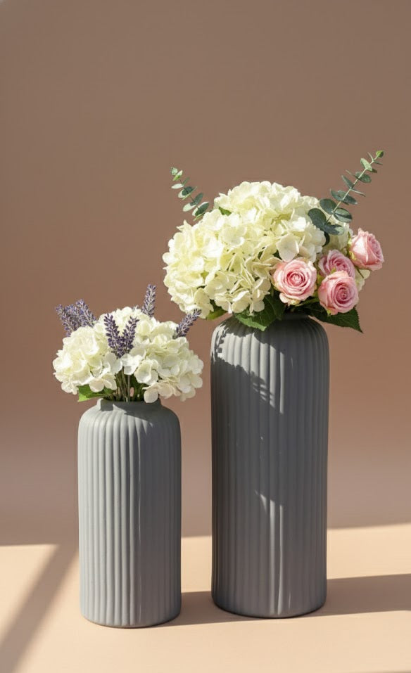 White Ribbed Ceramic Flower Vase Set Of 2 | Modern Decorative Vases For Home Décor