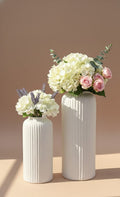 White Ribbed Ceramic Flower Vase Set Of 2 | Modern Decorative Vases For Home Décor