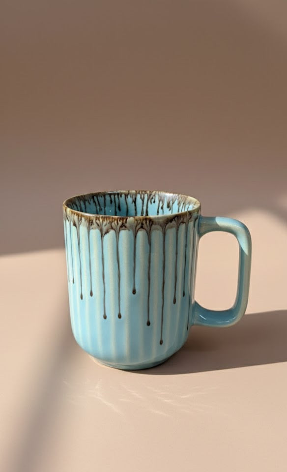 Handmade Ribbed Ceramic Mug With Drip Glaze- Premium Coffee & Tea Cup For Daily Use