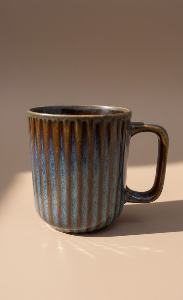 Handmade Ribbed Ceramic Mug With Drip Glaze- Premium Coffee & Tea Cup For Daily Use