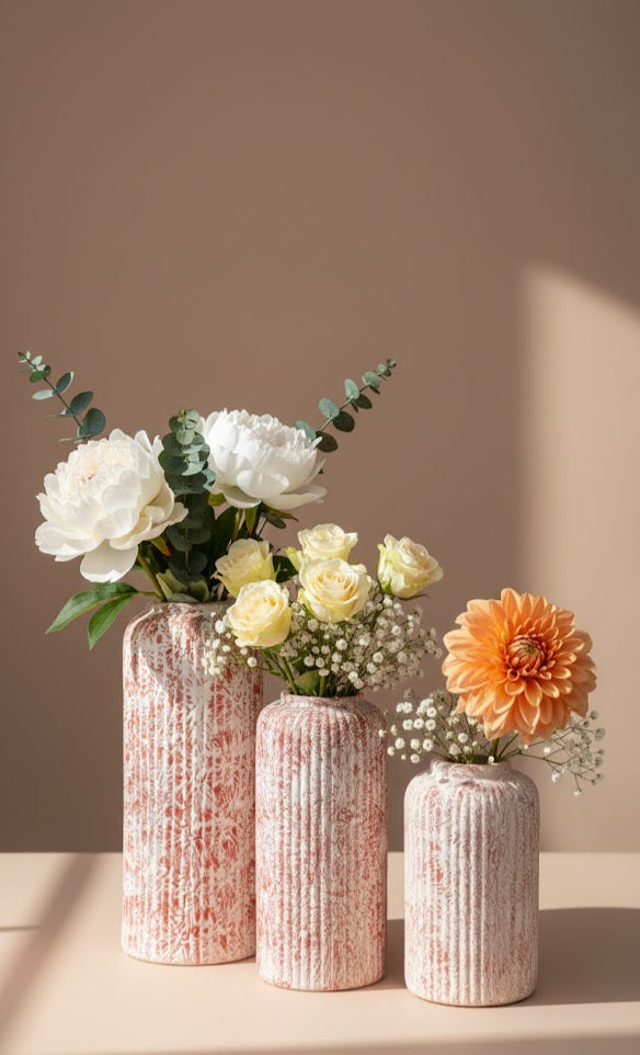 Textured Ceramic Flower Vase Set Of 3| Modern Decorative Vases For Home Decor