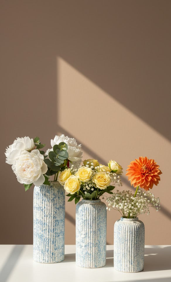 Textured Ceramic Flower Vase Set Of 3| Modern Decorative Vases For Home Decor